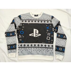 Sony PlayStation Ugly Christmas Sweater Mens Medium Gray Gamer Holiday Pullover